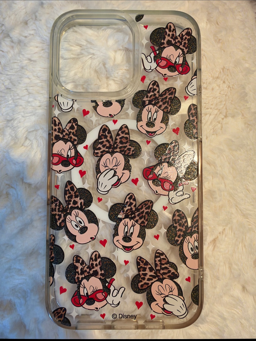 Disney Minnie Mouse Clear Phone Case with Leopard Bows & Red Hearts iPhone 16PM